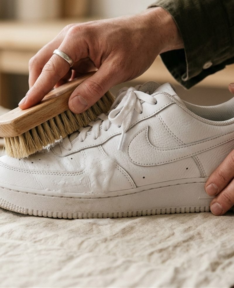 Close up detail of natural bristle shoe brush on leather sneaker
