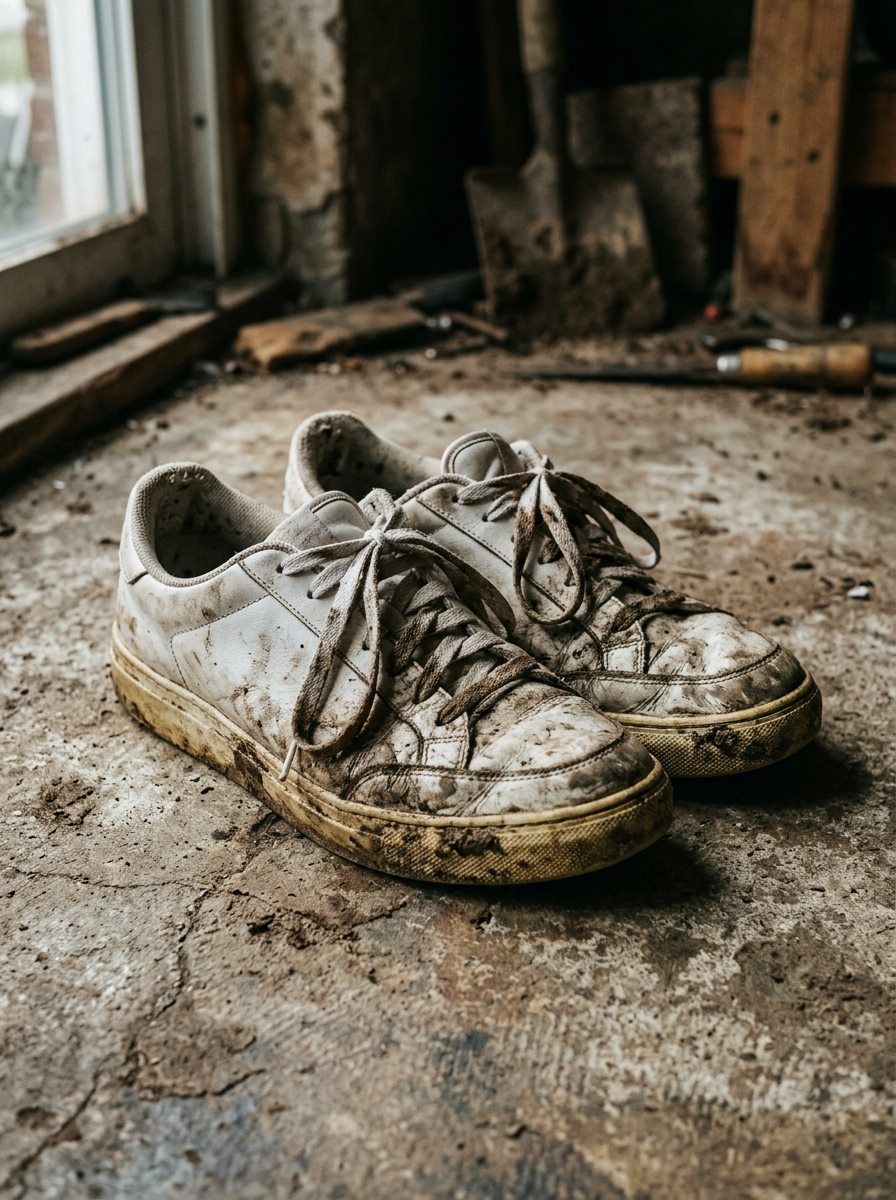 Heavily soiled white sneakers with mud and road grime