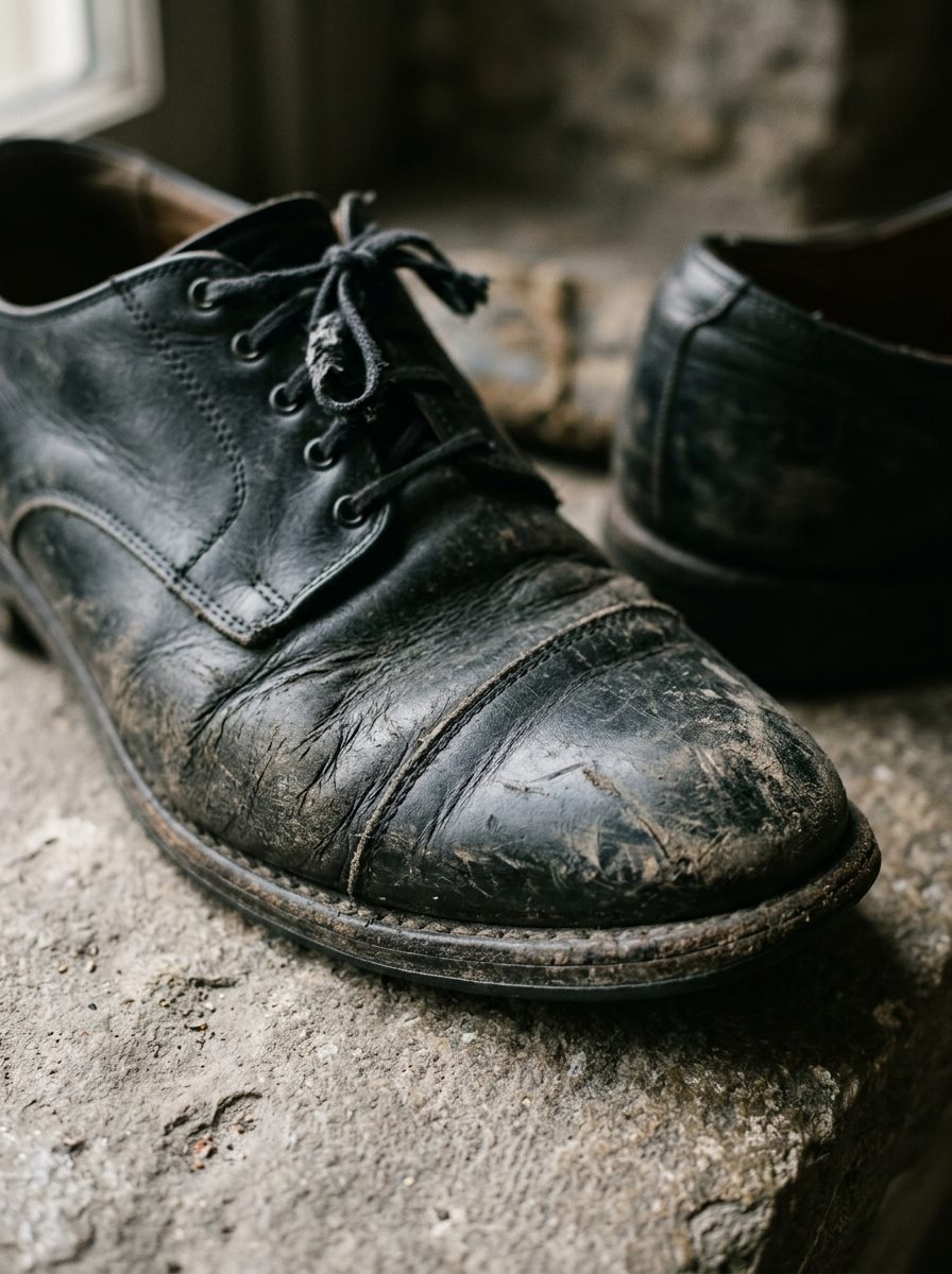 Scuffed black leather shoe toe cap