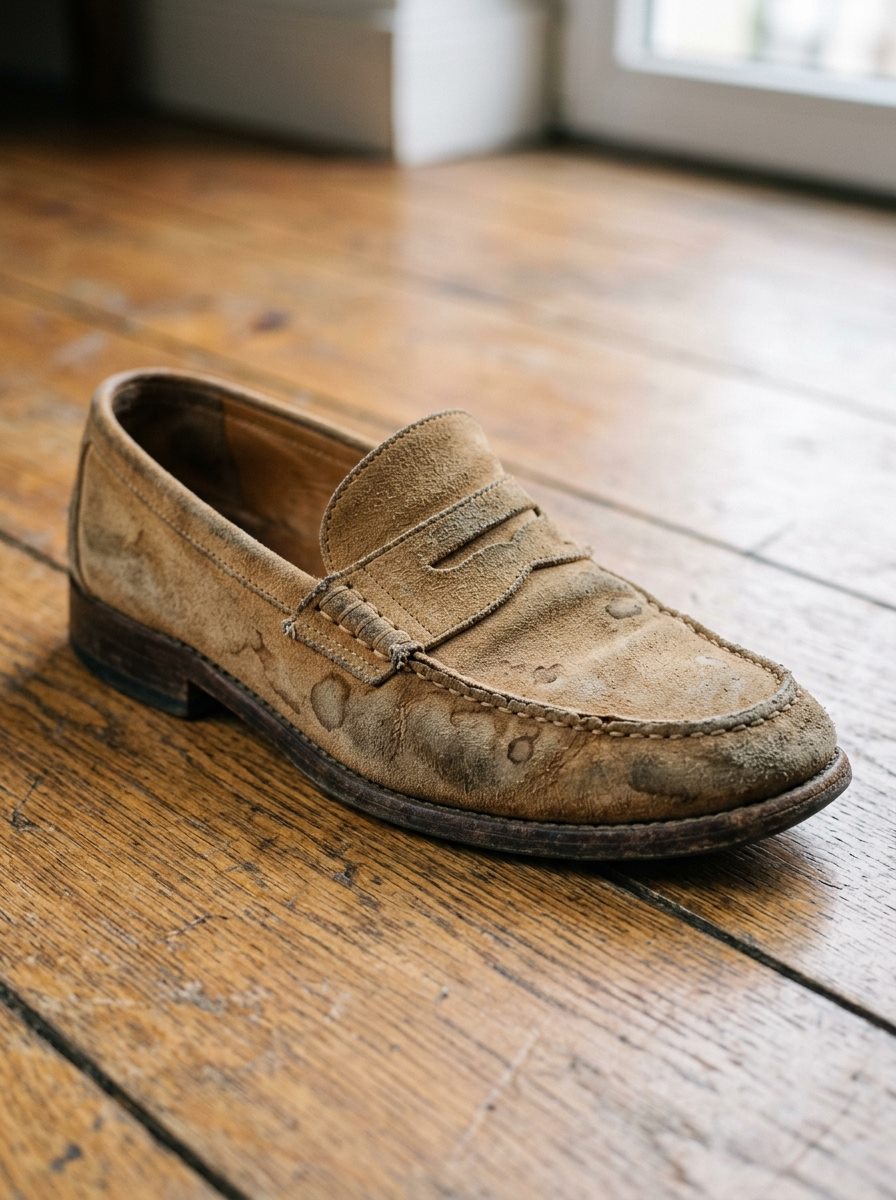 Tan suede shoe with visible water stains and flattened nap