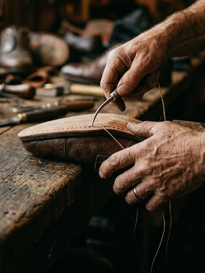 Worn out shoe sole being repaired by hand