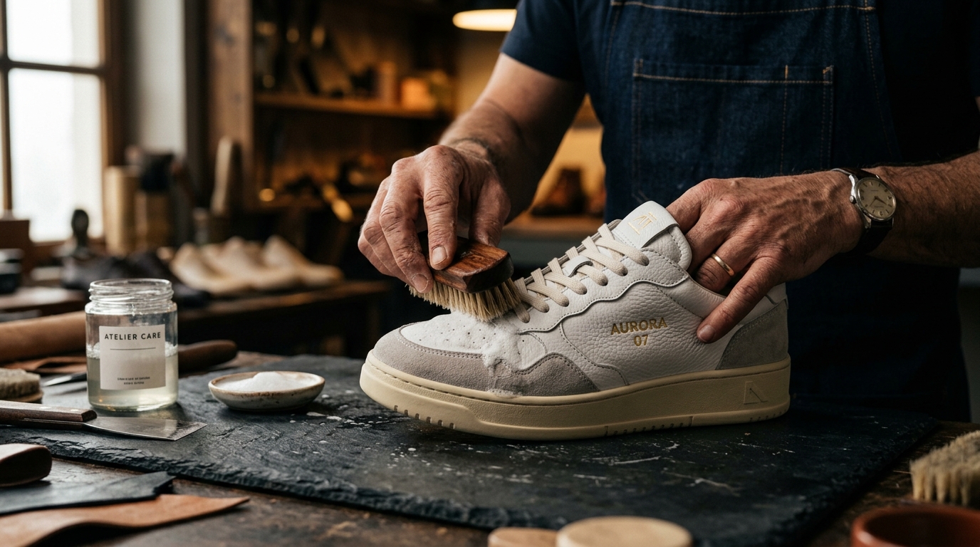 Artisan hands professionally cleaning a white leather sneaker with a natural bristle brush and light foam