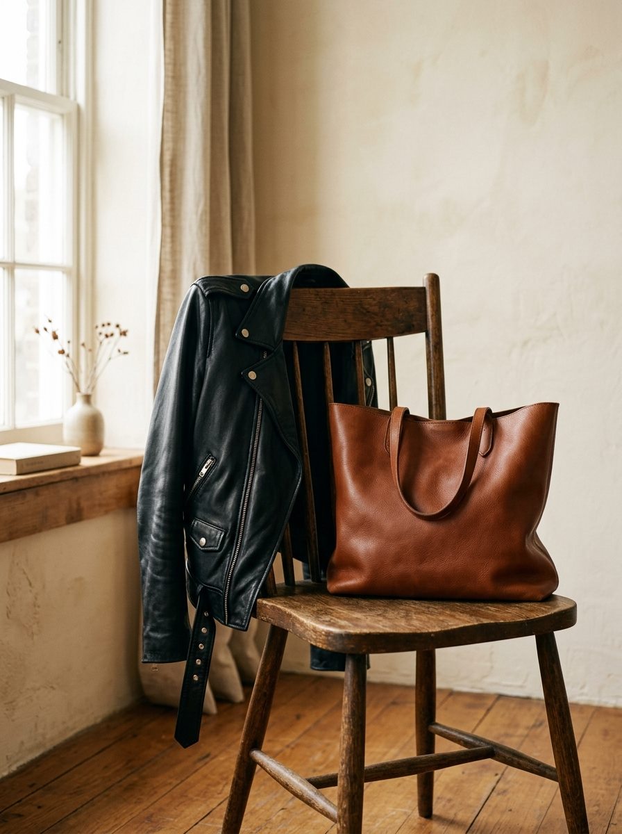 Cognac leather tote bag and black leather jacket