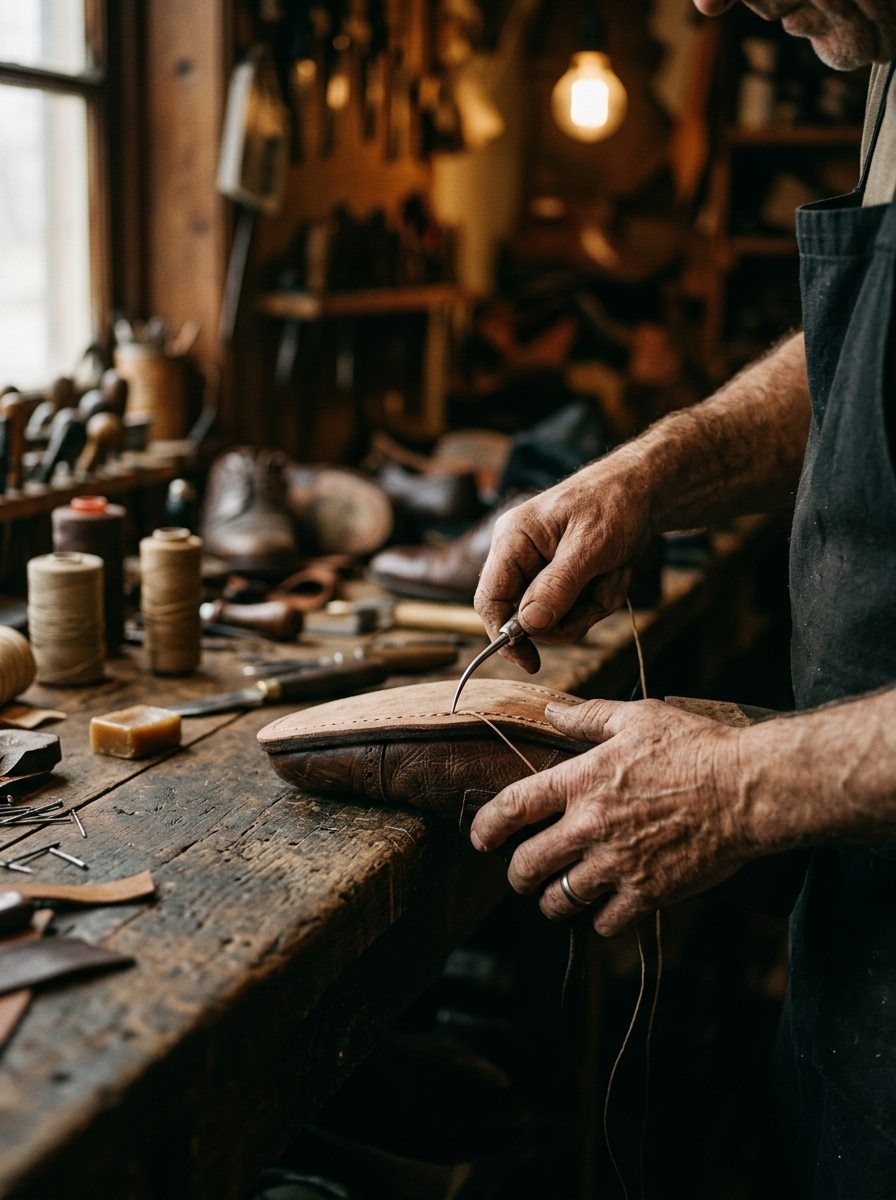Cobbler stitching a new sole by hand on wooden bench