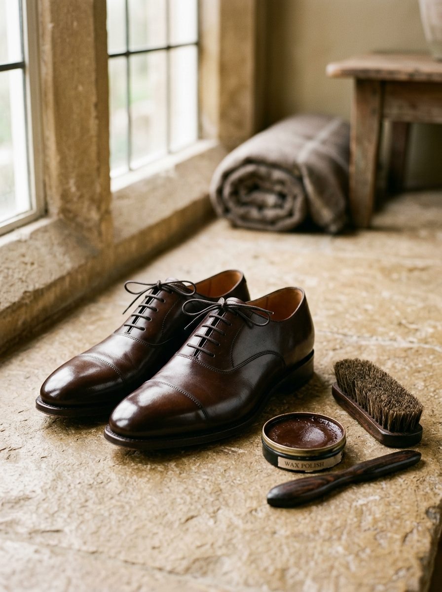 Polished dark brown leather shoes with horsehair brush and wax polish