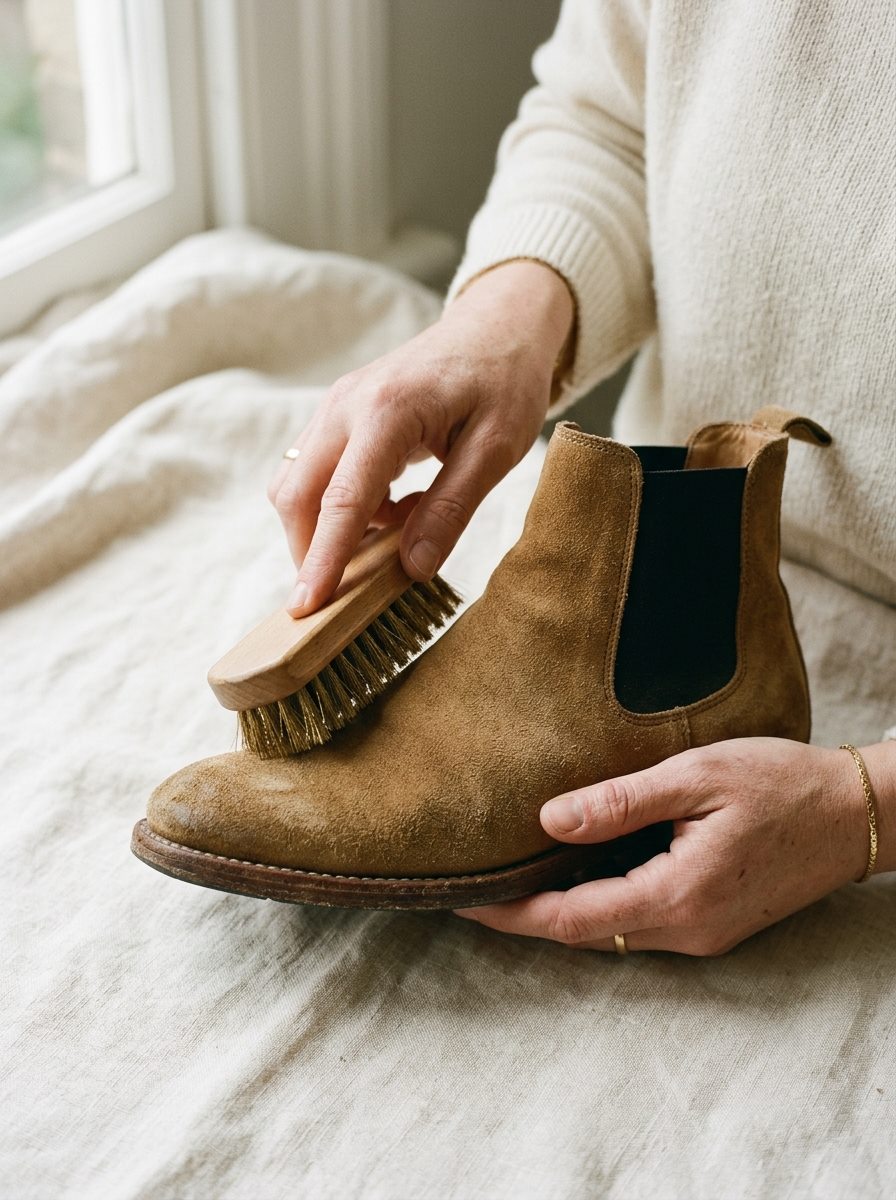 Brushing tan suede chelsea boot with specialist brush
